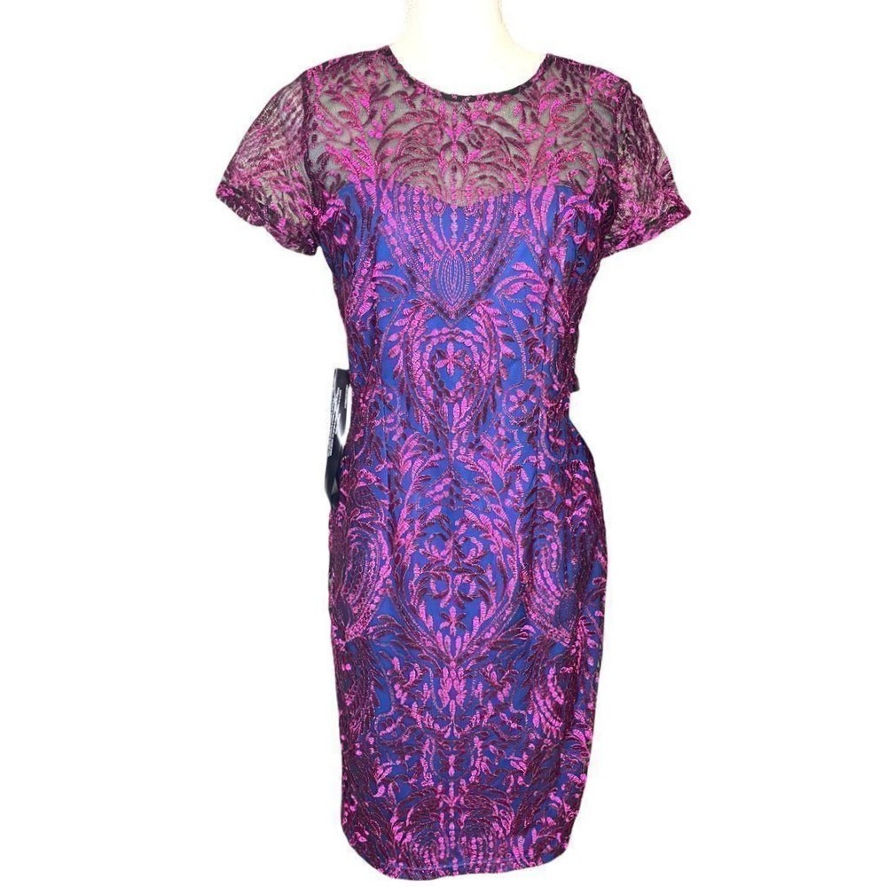 JS Collections Dress Sz 4 Embroidered Lace Sheath Glam Cocktail Magenta Blue